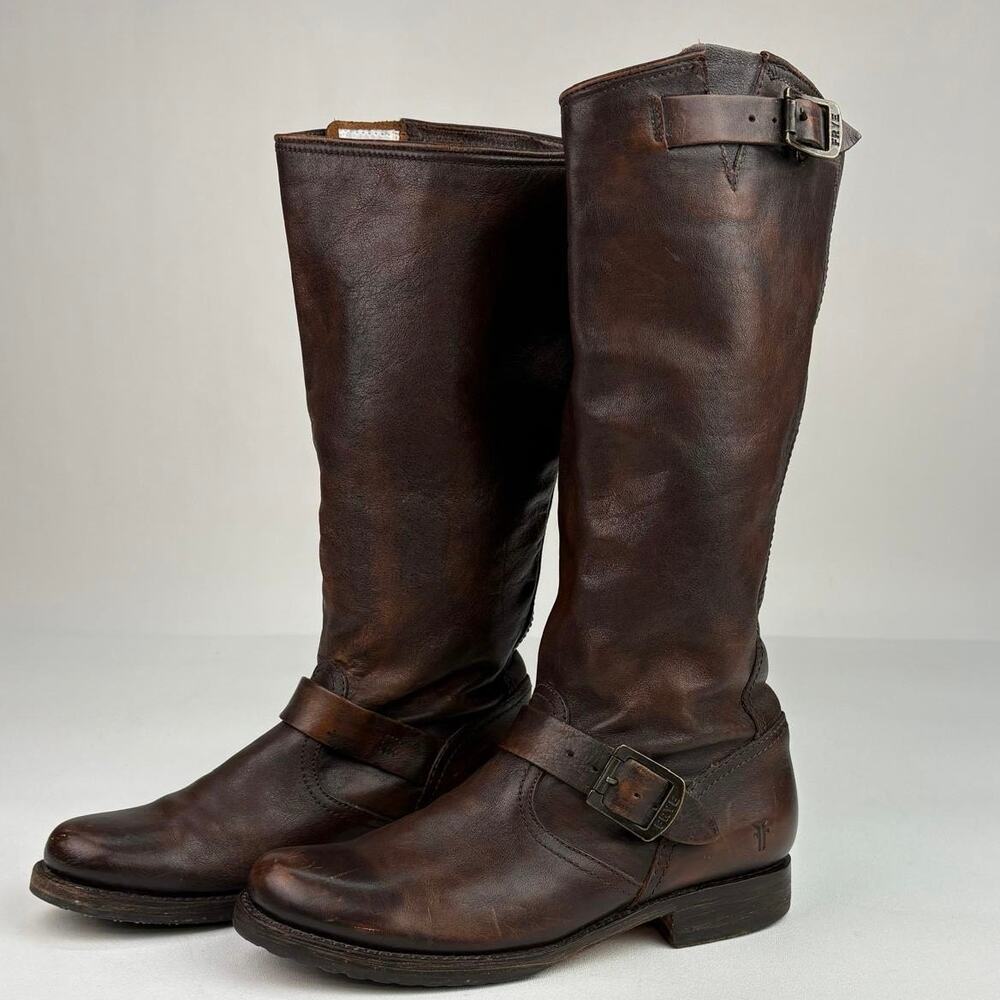 Frye Veronica Slouch Tall Distressed Riding Moto Boots Womens Size 8.5B Brown